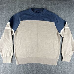 J Crew Color Block Sweater Mens Sz XL Beige Navy 100% Cotton Crewneck Pullover